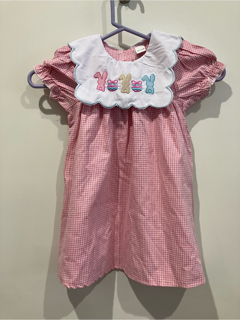 Vintage Style Pink Gingham Easter Smocked Baby Dress with Bunny and Eggs 18-24m